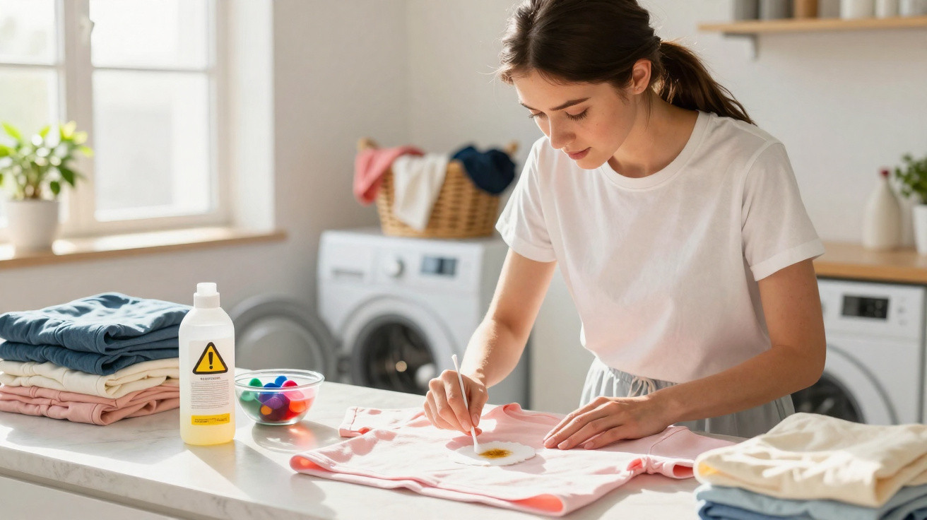Woman treating a stain on a pink shirt using a cotton swab in a bright laundry room.