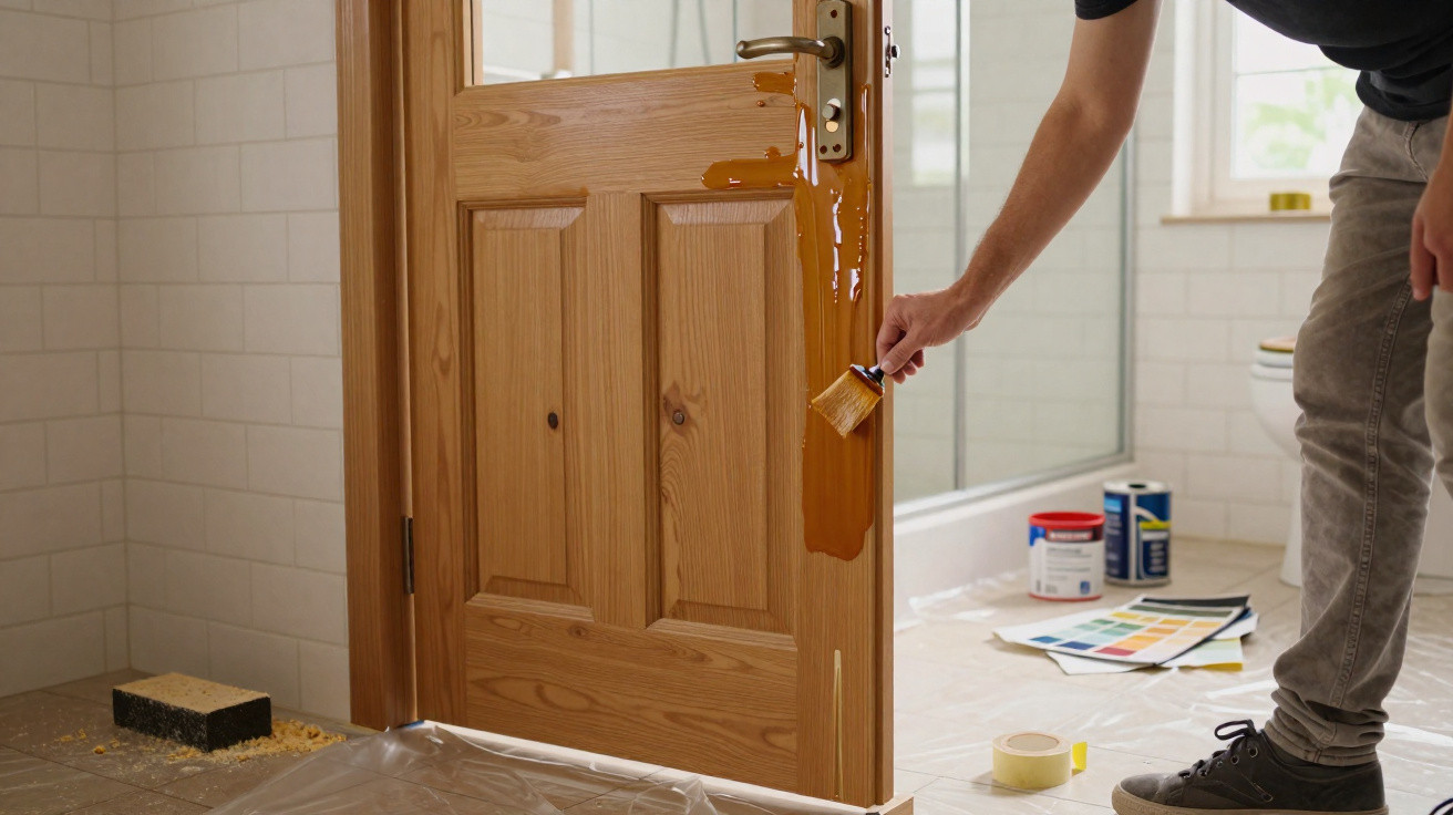 Person applying wood stain to a wooden door in a bathroom with painting supplies on the floor.