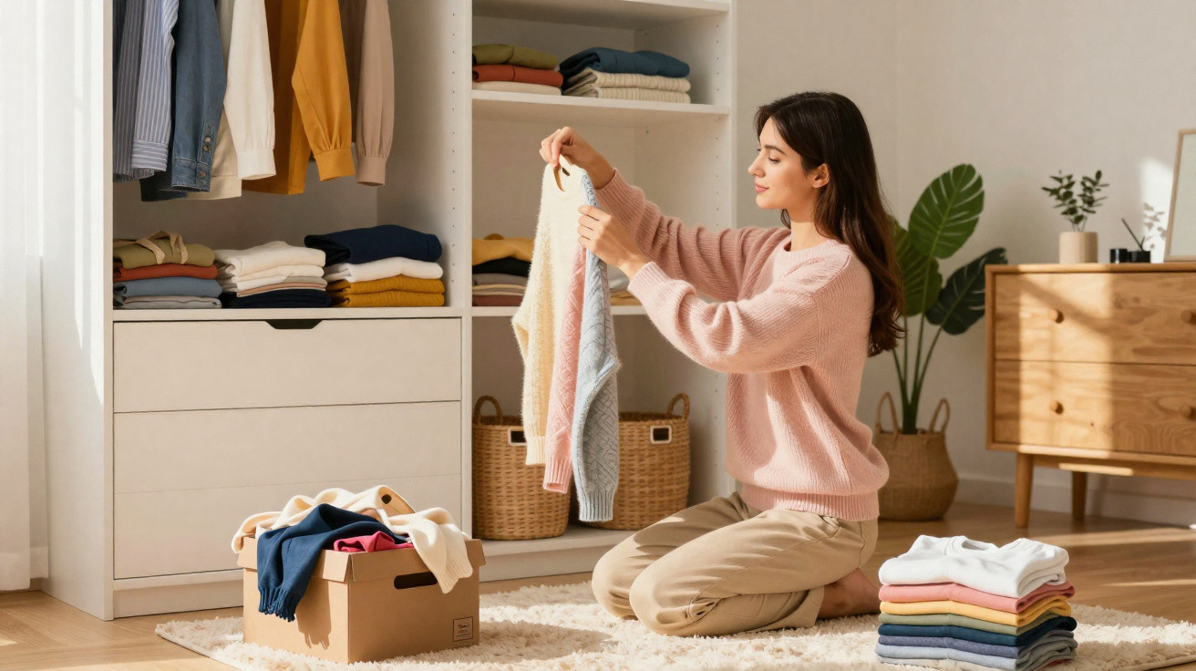 Woman organising folded clothes in a bright room, kneeling by a box and wardrobe shelves.