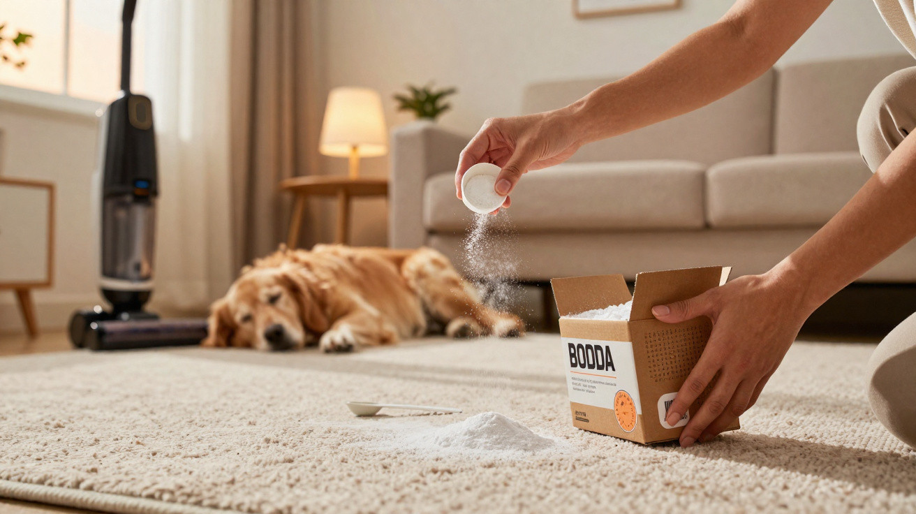 Person sprinkling deodorising powder on carpet with a dog lying in the background in a living room.
